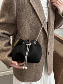1pc Women's Fashion Commuter Solid Color All-Season Shoulder Bag, Portable Versatile Luxury Mini Drawstring Crossbody Bag, Suitable For Dating, Shopping, Gift - Black - View 6