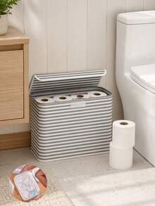 Minimalist Fabric Striped Toilet Paper Storage Box With Lid, Foldable Large Capacity Bathroom Organizer Bin For Tissue Rolls, Wipes And Essentials, Space Saving Storage Container For Guest Bathroom, Apartment, Everyday Home Use, All Seasons - Multicolor - View 10