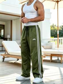 Men's Black Casual Pants With White Side Stripes, Summer Thin Breathable Quick-Dry Non-Clinging Straight Leg Pants, Elastic Waist Loose Fit Slimming Sports Long Pants, Suitable For Work, Commute, Street, Travel, Fitness, Running, Home Leisure - Army Green - View 2