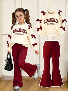 Young Girl Letter Print Round Neck Long Sleeve Top And Flared Pants Set - Apricot - View 1