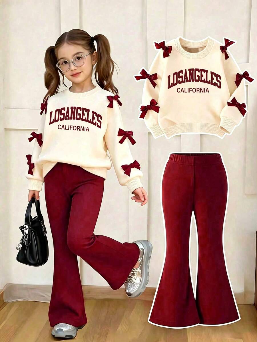 Young Girl Letter Print Round Neck Long Sleeve Top And Flared Pants Set - Apricot - View 1