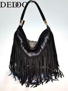 Dedoo Solid Color Textured PU Tassel Underarm Bohemian Bag, Large Capacity Long Tassel Metal Rotating Buckle, Bohemian Vintage Women's Underarm Bag, Suitable For Autumn/Winter Party & Daily Wear - Black - View 11