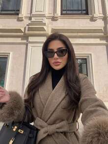 OFTBUY Solid Color Wool & Faux Fur Patchwork Belted Loose Fit Woolen Jacket, Casual For Daily, Airport, Holiday, Travel In Autumn/Winter - Apricot - View 3