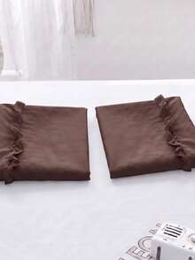 1pc/2pcs Solid Coffee Color Pillowcase With A Bow And Ruffle Trim (Without Insert), Comfortable And Breathable Polyester Fiber Suitable For All Seasons, Home Decoration, Simple Classic, Cozy Bedding, Neutral Decor, Ruffle Accent, Versatile Home - Mocha Brown - View 6