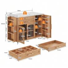 Mobile Kitchen Island With Foldable Work Surface, Kitchen Cart, 5 Wheels, Multiple Storage Solutions, Spice Rack, Cutlery Drawer, 120 X 45 (70) X 90 Cm - Natural Color - View 3