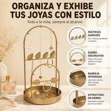 Gold Iron Jewelry Organizer With Leaf Design And Double Arch, Stand For Necklaces, Earrings And Bracelets With Round Base Tray For Rings, 15.5x30cm - Dorado - View 1