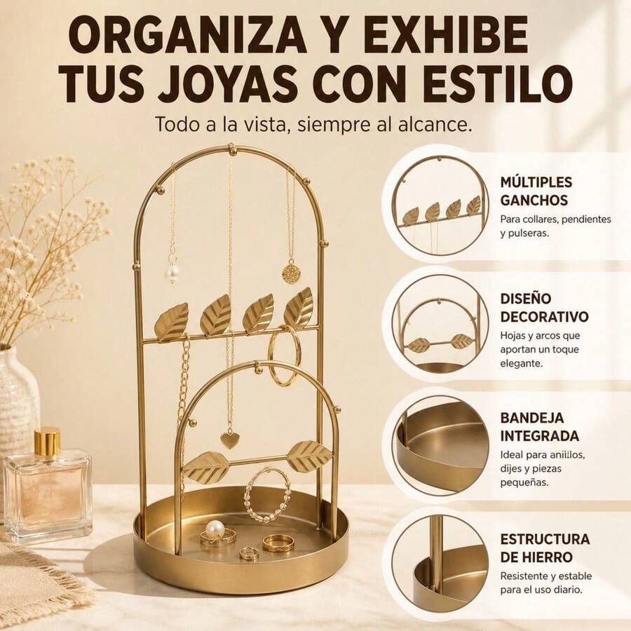 Gold Iron Jewelry Organizer With Leaf Design And Double Arch, Stand For Necklaces, Earrings And Bracelets With Round Base Tray For Rings, 15.5x30cm - Dorado - View 1