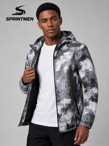 1pc Black And White Ink Wash All-Over Print Hooded Jacket For Men, Long Sleeve Jacket With Tie-Dye Camouflage Print Design, Outdoor Sports Style, Suitable For Hiking, Camping, Short Trips, Park Strolls, Commuting - Black - View 3