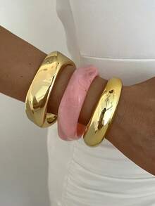 3pcs Multi-Layer Fashion Minimalist Elegant Exquisite Vintage Design Geometric Ribbon Wave Pink Resin Asymmetrical Marbled Pattern CCB Metal Style Exaggerated Wide Chunky Bracelets Set, Holiday Vacation Party Date Gift, Daily Commute Wear, Personalized - Multicolor - View 5