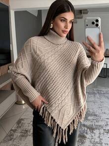 Cable Knit Tassel Cape Sweater With 3D Cable Twist Patchwork Diamond Pattern Design, Loose Casual Slouchy, Suitable For Autumn/Winter, Casual Dating, Vacation, Outing - Light Brown - View 1