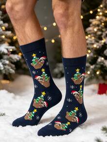 1 Pair Of Men Crew Sock, Christmas Sloth Xmas Tree Snowflake Pattern Socks, Soft Warm Fall Winter, Halloween Christmas Gift For Men & Women - Multicolor - View 3