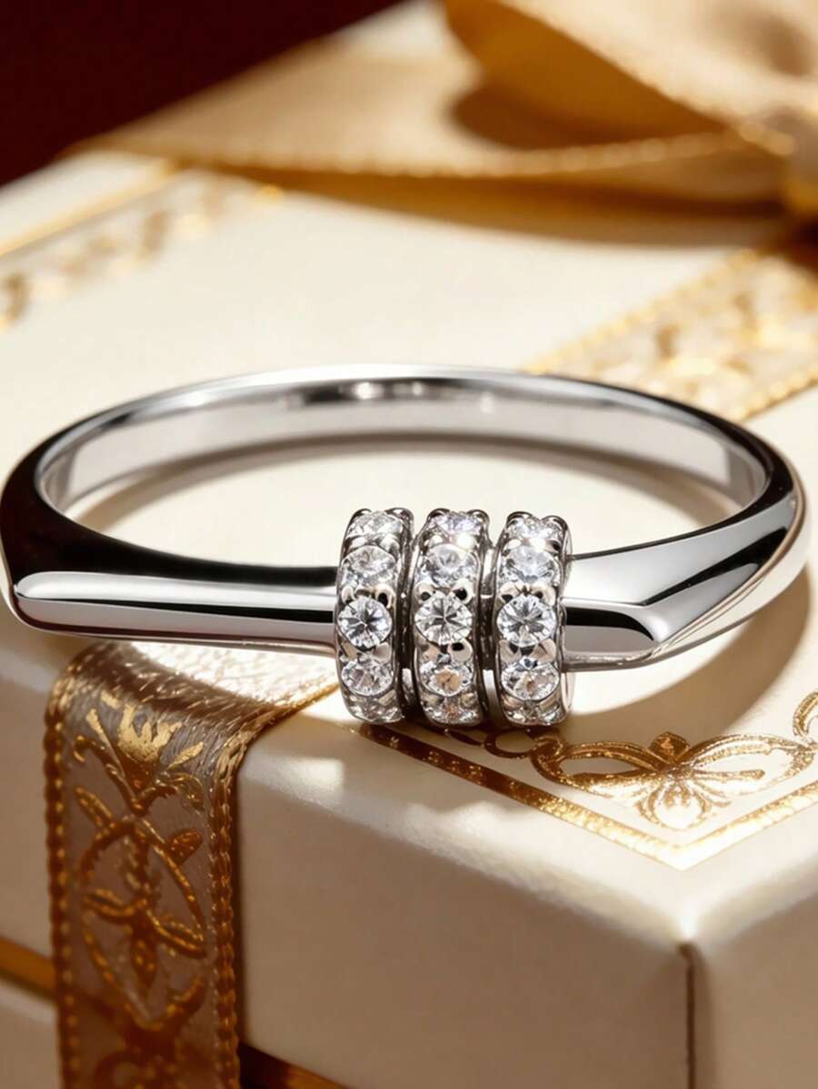 1pc Exquisite Cubic Zirconia Ring For Women, Wedding Engagement Party Jewelry, Valentine's Day Gift - Silver - View 1