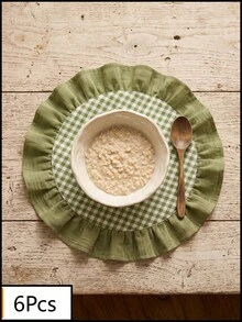 1/2/4/6/12pcs Green & White Small Checkered Pink Ruffle Edge Placemats, Cute Pastoral Style Fabric Material, Round Shape With Ruffle Edge Patchwork Details, Stain-Resistant Tabletop Protection And Decorative Function, Suitable For Daily Breakfast And Cozy Home Decor Scenes - Green - View 16