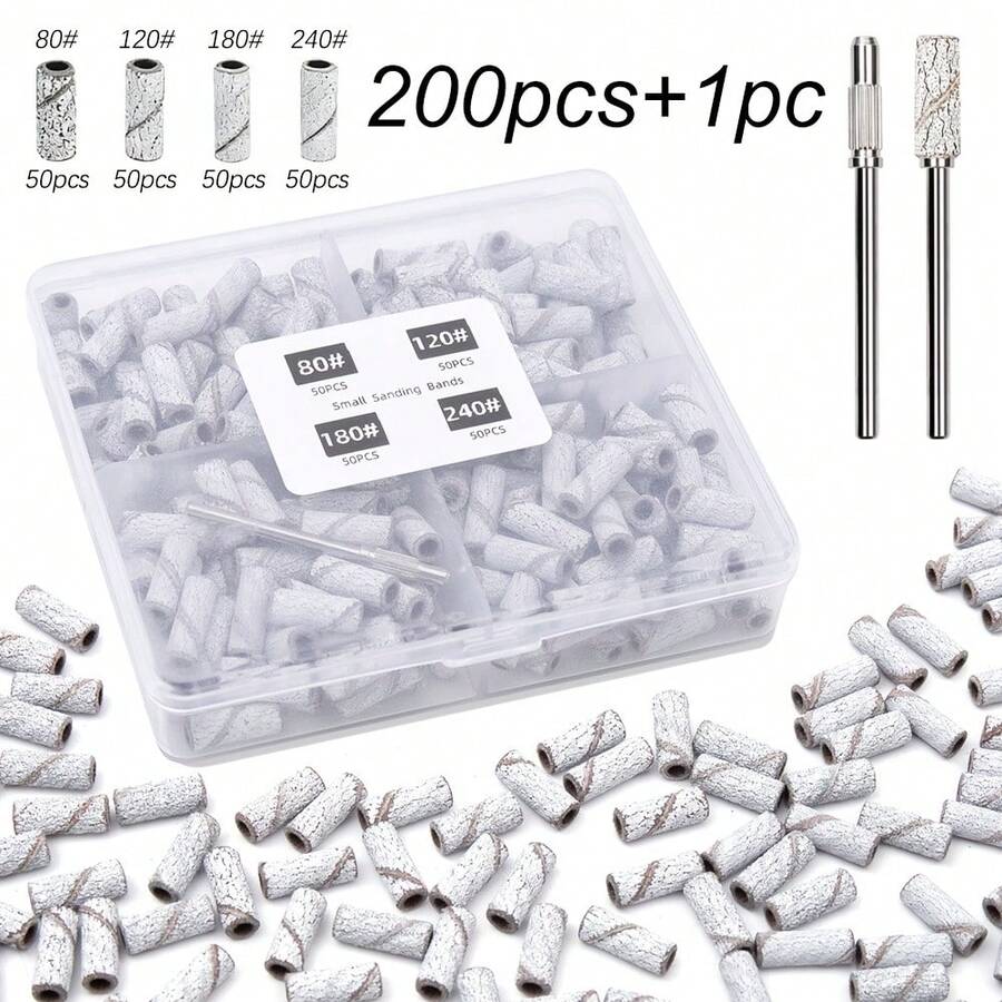 200+1件組 (#80#120#180#240) 4種粗粒度 附迷你軸心 3mm 迷你磨砂環帶組 電動磨甲機美甲磨頭 美甲工具配件