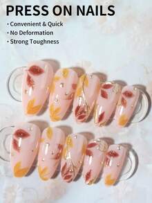 30片秋季中長杏仁形花卉法式美甲貼片，杏仁形假指甲套組，含1片果凍膠與1個指甲锉，秋季棕色美甲，適合女性與女孩日常及派對使用 - 彩色 - 查看 2
