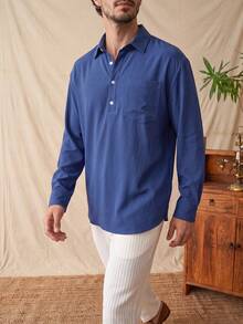 glestore Men's Vintage American "Old Money" Style Pleated Long-Sleeve Shirt-Stylish And Versatile, Perfect For Commuting, Casual Wear, And Vacations - Blue - View 3