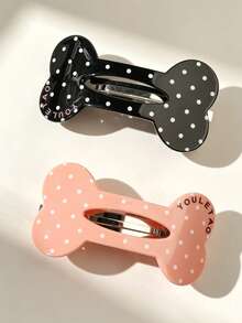 2pcs/Set Acetate Alloy Black & Pink Polka Dot Hair Clips, Gentle Korean Style Cute Bone Spring Clips, Sweet Cool Side Hair Clips For Flyaways - Multicolor - View 3