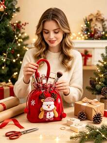 1pc Christmas Gift Bag With Plush Decoration, Portable Handle And Drawstring Closure. Multiple Styles Available. Perfect Storage Bag For Christmas Eve Small Gifts, Ideal For Holiday Gifting And Party Decoration. - Multicolor - View 6