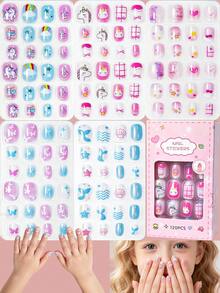 120pcs 5 Styles 3D Kids Short Press-On Nails, Cute Cartoon Unicorn Mermaid Shell Heart Bow Design Fake Nails, Birthday Party Dress-Up Gift For Girls, Suitable For Little Girls' Daily Manicure - Multicolor - View 10