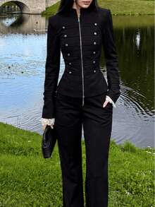 Women's Military Style Stand Collar Zip-Up Jacket With Decorative Metal Buttons, Fishtail Hem, Lace Trim Cuffs, Slim Fit Long Sleeve Outerwear - Black - View 6