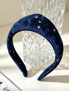 1PC Velvet Starry Sky Wide Edge Headband , Women's Charm Hair Clip, Anti Slip High Headpiece, Festival Essential Hair Accessory - Navy Blue - View 5
