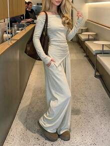 minisummer Women Elegant Fall Off Shoulder Two Pieces Set, Long Sleeve Asymmetrical Top Wide Leg Pants Loungewear, Fall Clothes For Women - Apricot - View 8