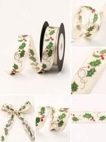 1pc Vintage Holly Print Fabric Ribbon, Suitable For Gift Wrapping, Holiday Party Celebration Bow Decoration, Also Can Be Used For Sewing DIY Handmade Crafts - Multicolor - View 6
