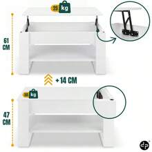 Lift-Top Coffee Table With Hidden Storage & Lower Shelf, 3-In-1 Adjustable Living Room Table,Modern Loft Industrial Design, 92 X 51 Cm - White - View 6
