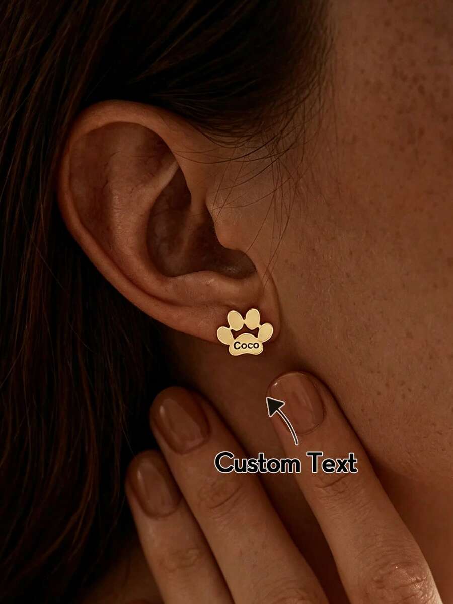 1 Pc Custom Engraved Pet Name Paw Print Stud Earrings, Personalized Dog Cat Paw Earring Jewelry Gift For Pet Lovers - Multicolor - View 1