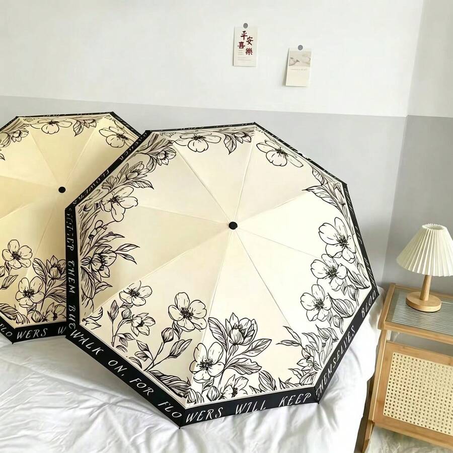 1pc French Hand-Painted Floral Folding Umbrella, Sun Protection, UV Protection, Convenient Sun And Rain Umbrella - Multicolor - View 1