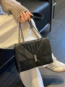 女款 V 型縫線絎縫肩背包 鍊條斜跨包 大翻蓋 女士日常通勤約會手提包 - 黑色 - 查看 9