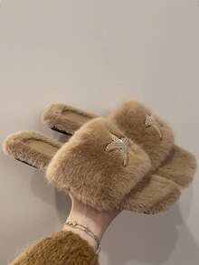 Autumn/Winter Rhinestone Starfish Plush Slip-On Slippers For Women, Thickened Warm Plush Flat Slippers, Home And Outdoor Dual-Use Luxury Style Open Toe Fuzzy Slippers - Camel - View 3