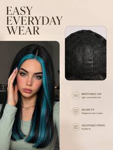 22 Inch Black With Peacock Blue Face-Framing Highlight High-Layered Synthetic Wig, Middle Part Straight Mid-Length, Suitable For Halloween, Cosplay, Daily Party - Multicolor - View 4