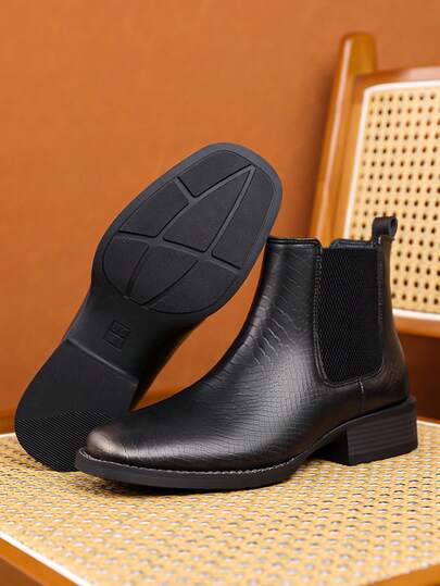Men's Crocodile Embossed Chelsea Boots With Burnished Toe, Elastic Slip-On, Wood-Grain Square Heel, High-Quality Texture, Stylish, Comfortable, Slimming, Versatile, Suitable For Business, Commute, Casual, Daily Wear, Vintage British Style Boots