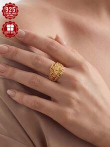 1pc Elegant Gold 925 Sterling Silver Ring, Exquisite Carved Hollow Craftsmanship, Size 7-11, Suitable For Daily Wear, Comes With Gift Box - Gold - View 3