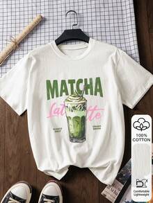 Unisex Matcha Latte Pattern Printed Round Neck Short Sleeve T Shirt,Casual, Relaxed, Vintage Coffee Drinks T Shirt,100%Pure Cotton Breathable Top - White - View 5