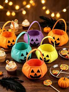 5/3/1pc Felt Jack-O'-Lantern Halloween Storage Basket With Handle, Neon Solid Color Pumpkin Face Storage Bucket, Reusable Handheld Gift Bag, Halloween Party Favor Autumn Holiday Decoration Halloween Accessory - Multicolor - View 2