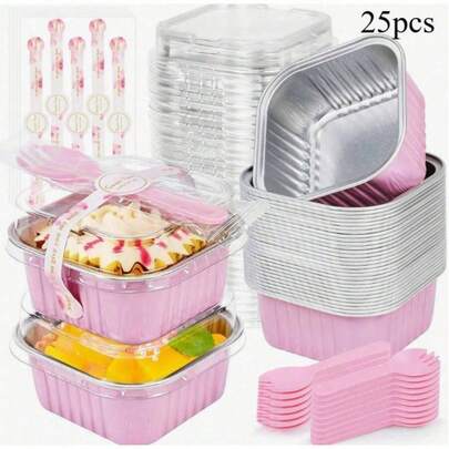 Wedding Dessert Table Supplies,25 Pack Pink Square Mini Cake Pans With Covers,Aluminum Foil Baking Containers For Elegant Dessert Display,Perfect For Cakes,Brownies,Custards,Fruit Treats And Party Favors,Baby Shower,Bridal Shower
