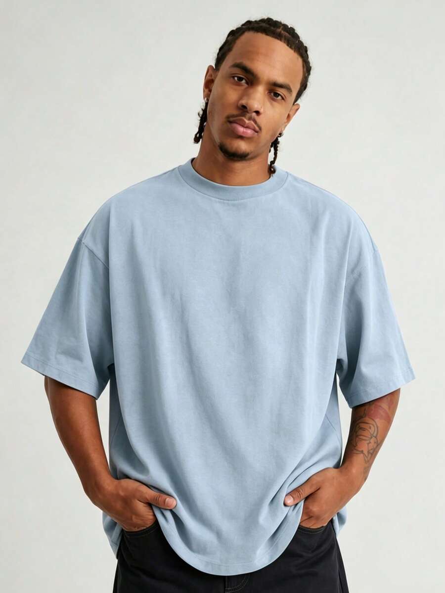 Men's Solid Color Low Elasticity Minimalist Summer Versatile Loose Lightweight Short Sleeve T-Shirt - Dusty Blue - View 1