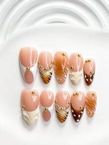 10片裝復古美拉德風手工穿戴甲，Polygel美甲套組，金屬珠珍珠豹紋棕色與白色指甲，奢華風格，附美甲工具，3種尺寸可選，方型/短方型/杏仁型，適合派對、跳舞、日常配戴 - 彩色 - 查看 16