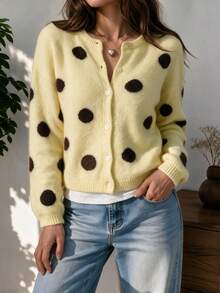 Women's Autumn/Winter Comfortable Warm Daily Fun Polka Dot Contrast Color Design Street Style Cardigan Sweater - Yellow - View 2