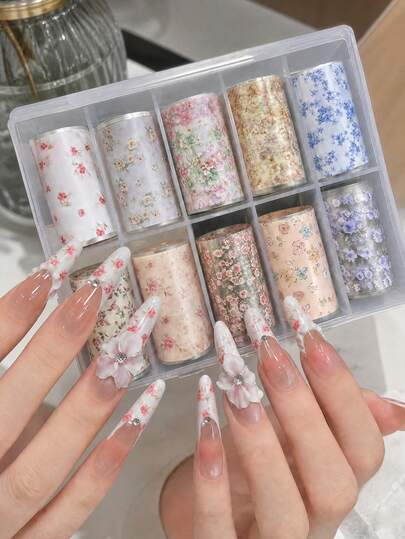 10Rolls/Box Pastoral Floral Nail Foil Transfer Stickers, 10 Rolls Spring Summer Vintage Tiny Flower Print Nail Art Decals, Mixed Color Romantic Floral Pattern Nail Transfer Paper For DIY Manicure Salon Nail Decor Accessories