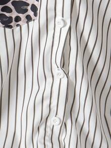 8-12 Years Old Tween Girls Spring/Autumn Fashion New White Striped Colorblock Leopard Print Lapel Long Sleeve Shirt Top - White - View 6