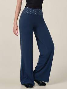 TimeOff 1pc Women's Polka Dot Print Wide Leg Sporty Long Pants With Folded Waistband - Navy Blue - View 8
