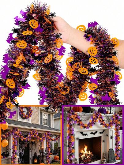3pcs Halloween Sequin Garland Set (Orange, Black, Purple Color Scheme), Metallic Twisted Garland Decor With Pumpkin, Bat And Spider Patterns; Suitable For Party Doorframe, Mantel, Porch And Fireplace Decoration, Ideal For Halloween Party And Indoor/Outdoor Decor.