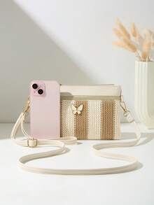 Mini Colorblock Butterfly Woven Beach Bag With Wrist Strap, Coin Purse And Shoulder Bag, Women's New Multifunctional Small Shoulder Bag, Cute Square Bag, Suitable For Spring/Summer Beach - Brown - View 4