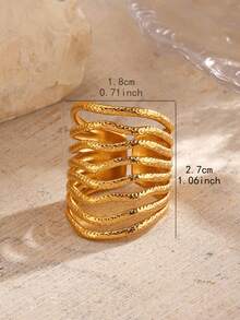 1pc Stainless Steel 18K Gold Plated Hammered Textured Wide Band Open Ring, Personalized Women's Ring Suitable For Daily Wear And Shopping - Line Ring - View 3