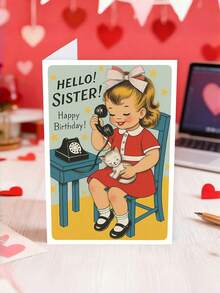 OBOVAY 1pc "Hello! Sister! Happy Birthday!" Retro Birthday Card With Envelope, Vintage Girl & Cat Design, Sweet Nostalgic Greeting For Sisters, Suitable For Birthdays & Celebrations, Blank Inside - New Arrival - View 3