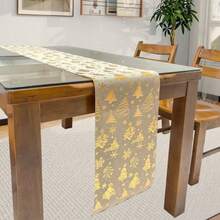 1PC Faux Linen Christmas Gold Foil Table Runner, Polyester Fabric, Christmas Table Decor, Winter New Year Scene Decoration Table Runner - Khaki - View 3