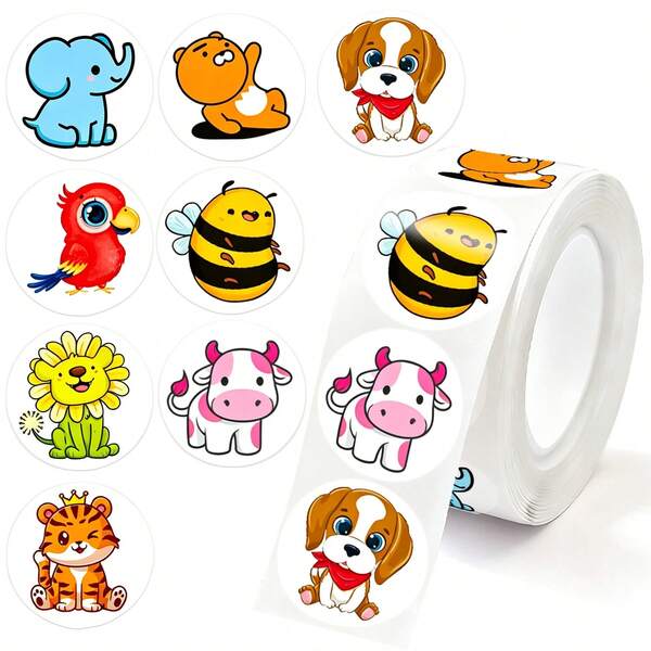 500pcs/Roll Animal Stickers 2.5cm Tiger Labels Cow Stickers Decorative Self-Adhesive Stickers Labels Suitable For Teachers Parents School Learning Training Tiger Stickers Handmade Self-Adhesive Labels Animal Stickers Gift Decoration Stationery Dinosaur Stickers Back To School Gift Stickers